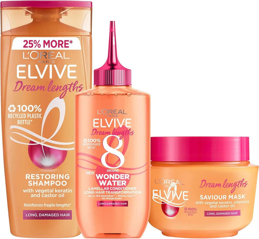Transform Long Damaged Hair with L'Oreal Paris Elvive Dream Lengths Shampoo, Wonder Water, and Mask Set - Get Longer and Stronger Hair